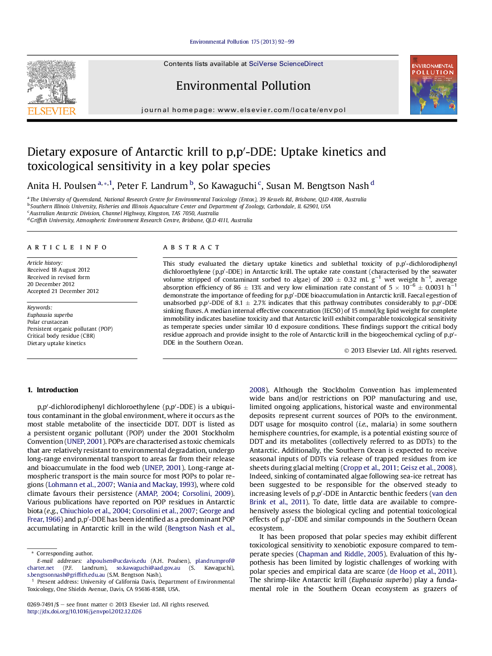 Dietary exposure of Antarctic krill to p,p′-DDE: Uptake kinetics and toxicological sensitivity in a key polar species