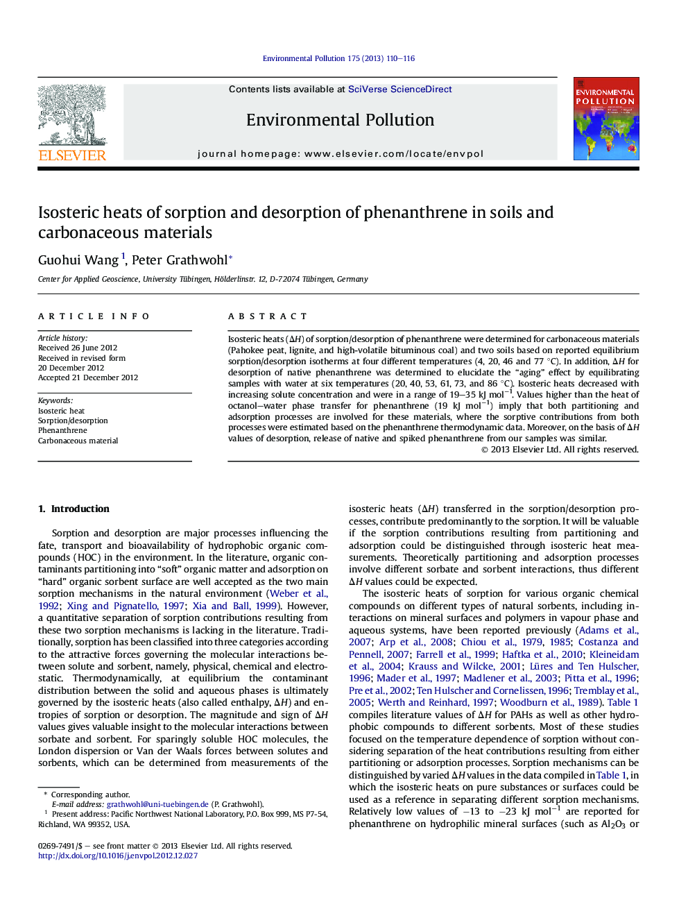 Isosteric heats of sorption and desorption of phenanthrene in soils and carbonaceous materials