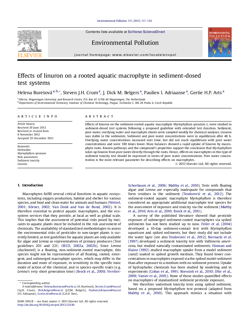 Effects of linuron on a rooted aquatic macrophyte in sediment-dosed test systems