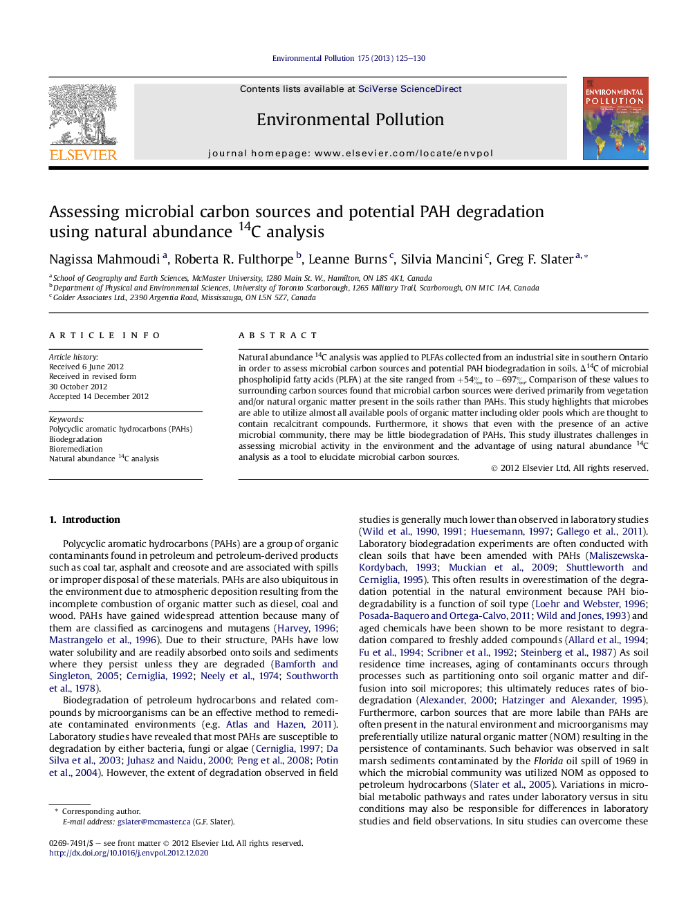 Assessing microbial carbon sources and potential PAH degradation using natural abundance 14C analysis