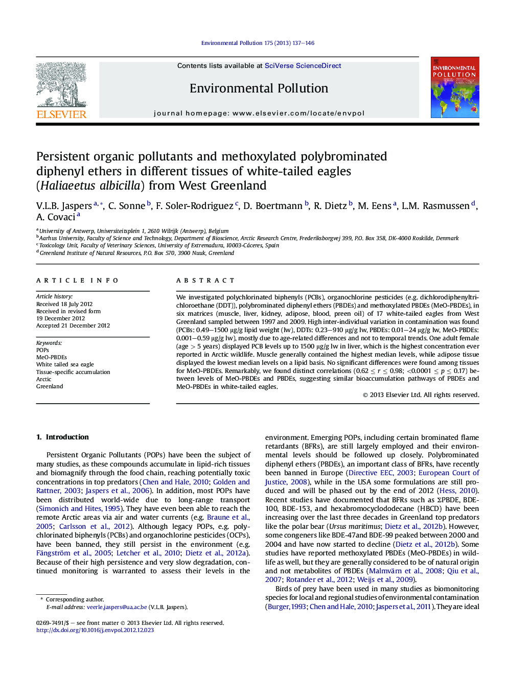 Persistent organic pollutants and methoxylated polybrominated diphenyl ethers in different tissues of white-tailed eagles (Haliaeetus albicilla) from West Greenland