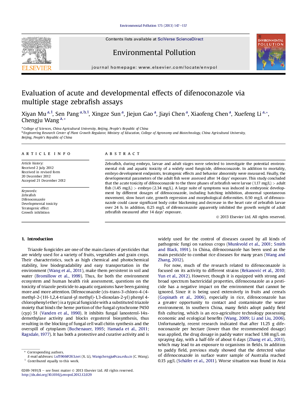 Evaluation of acute and developmental effects of difenoconazole via multiple stage zebrafish assays