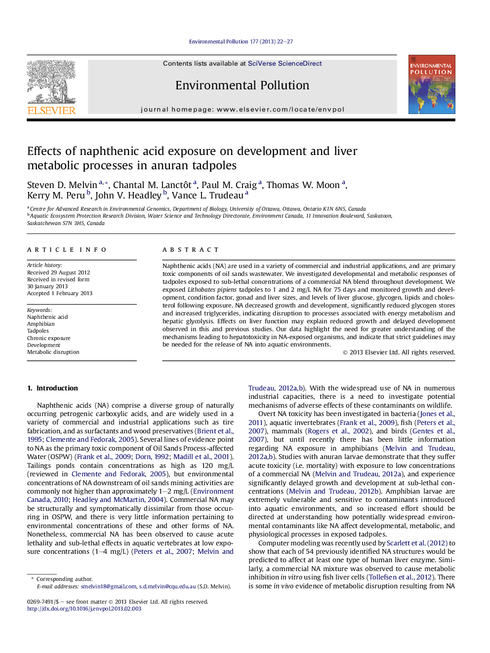 Effects of naphthenic acid exposure on development and liver metabolic processes in anuran tadpoles