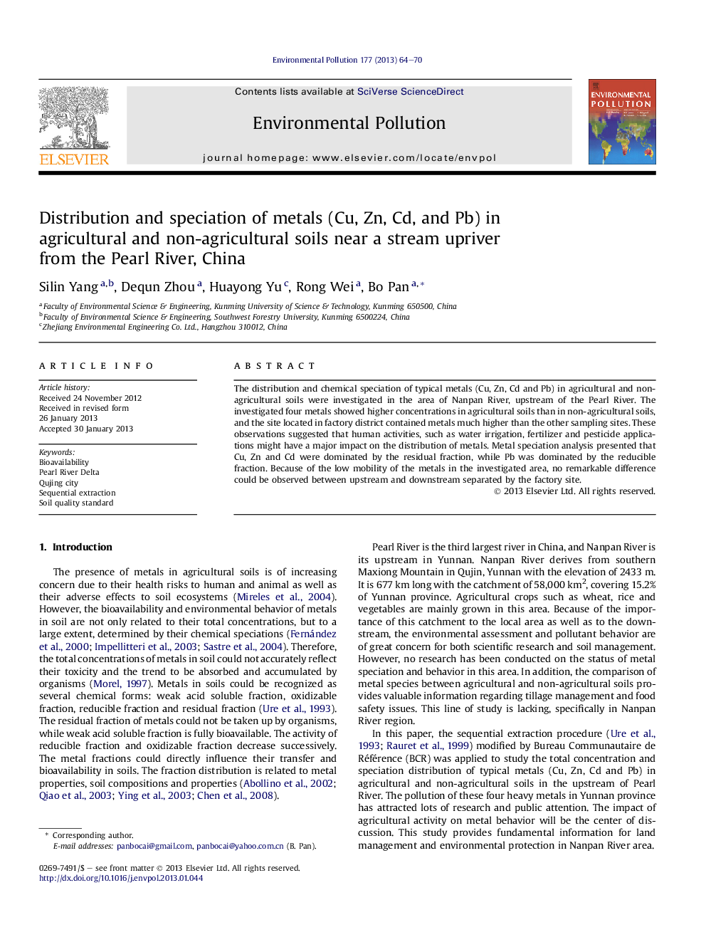 عکس صفحه اول مقاله: Distribution and speciation of metals (Cu, Zn, Cd, and Pb) in agricultural and non-agricultural soils near a stream upriver from the Pearl River, China Distribution and speciation of metals (Cu, Zn, Cd, and Pb) in agricultural and non-agricultural soils near a stream upriver from the Pearl River, China