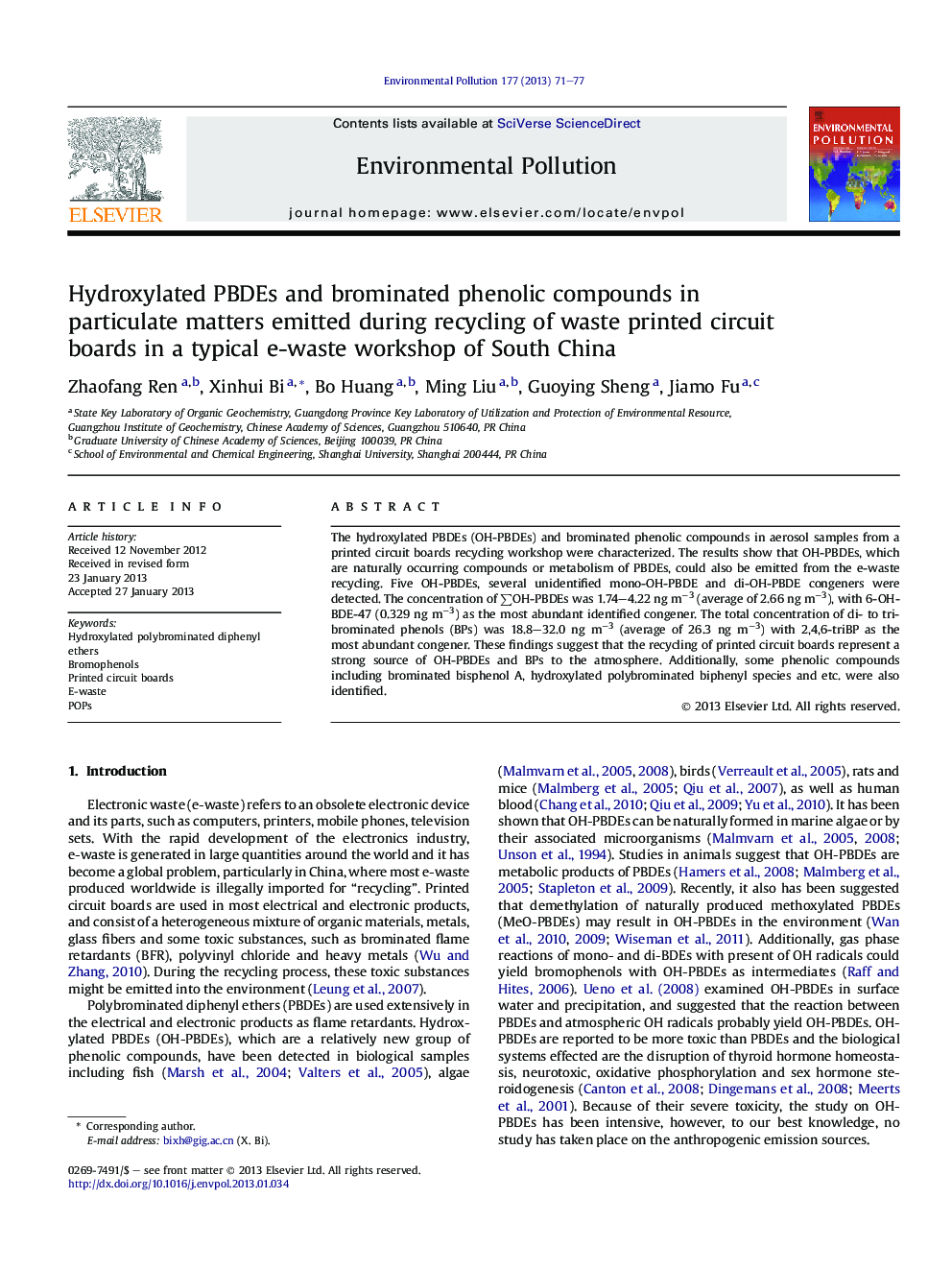 Hydroxylated PBDEs and brominated phenolic compounds in particulate matters emitted during recycling of waste printed circuit boards in a typical e-waste workshop of South China