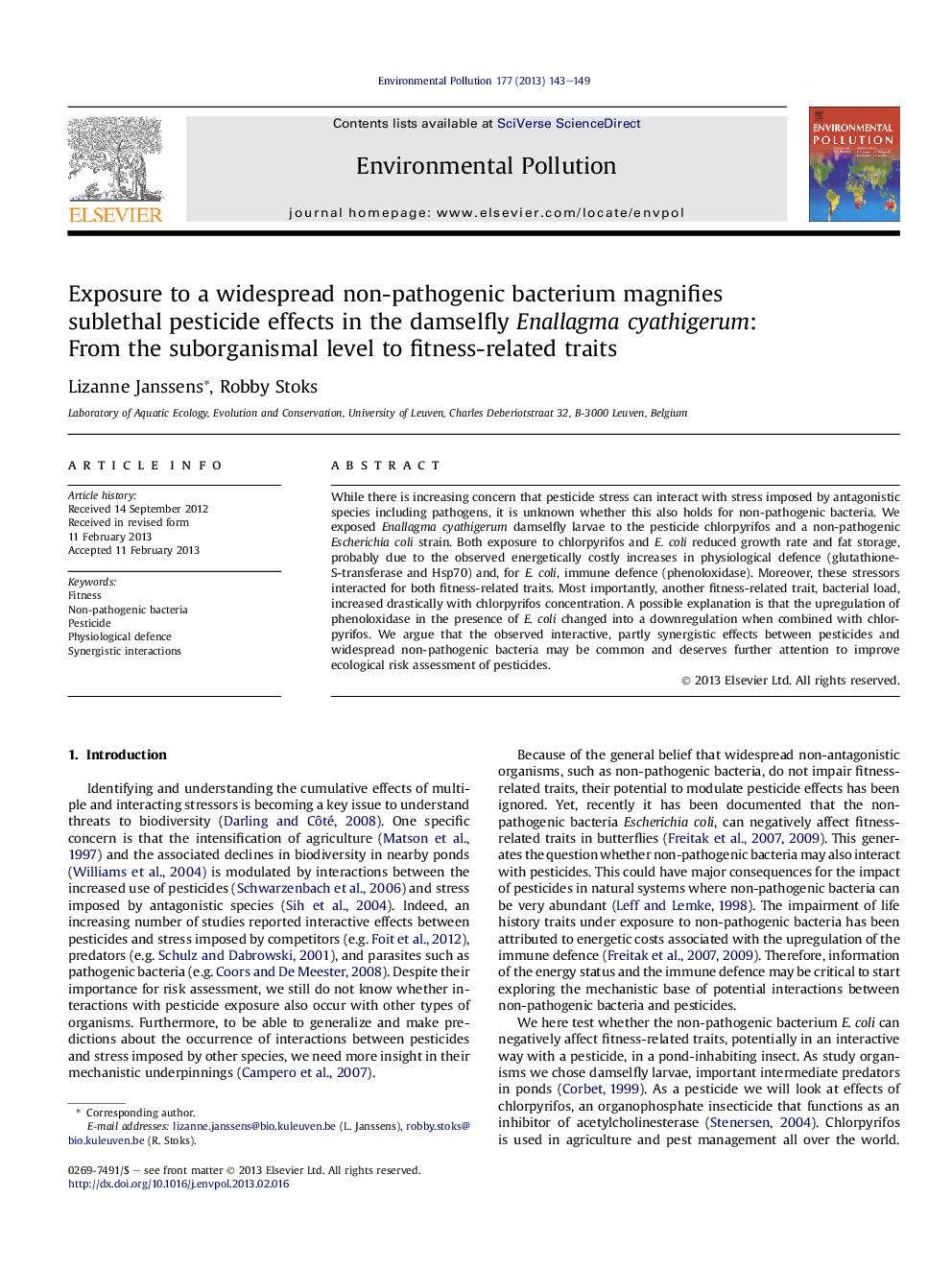 Exposure to a widespread non-pathogenic bacterium magnifies sublethal pesticide effects in the damselfly Enallagma cyathigerum: From the suborganismal level to fitness-related traits