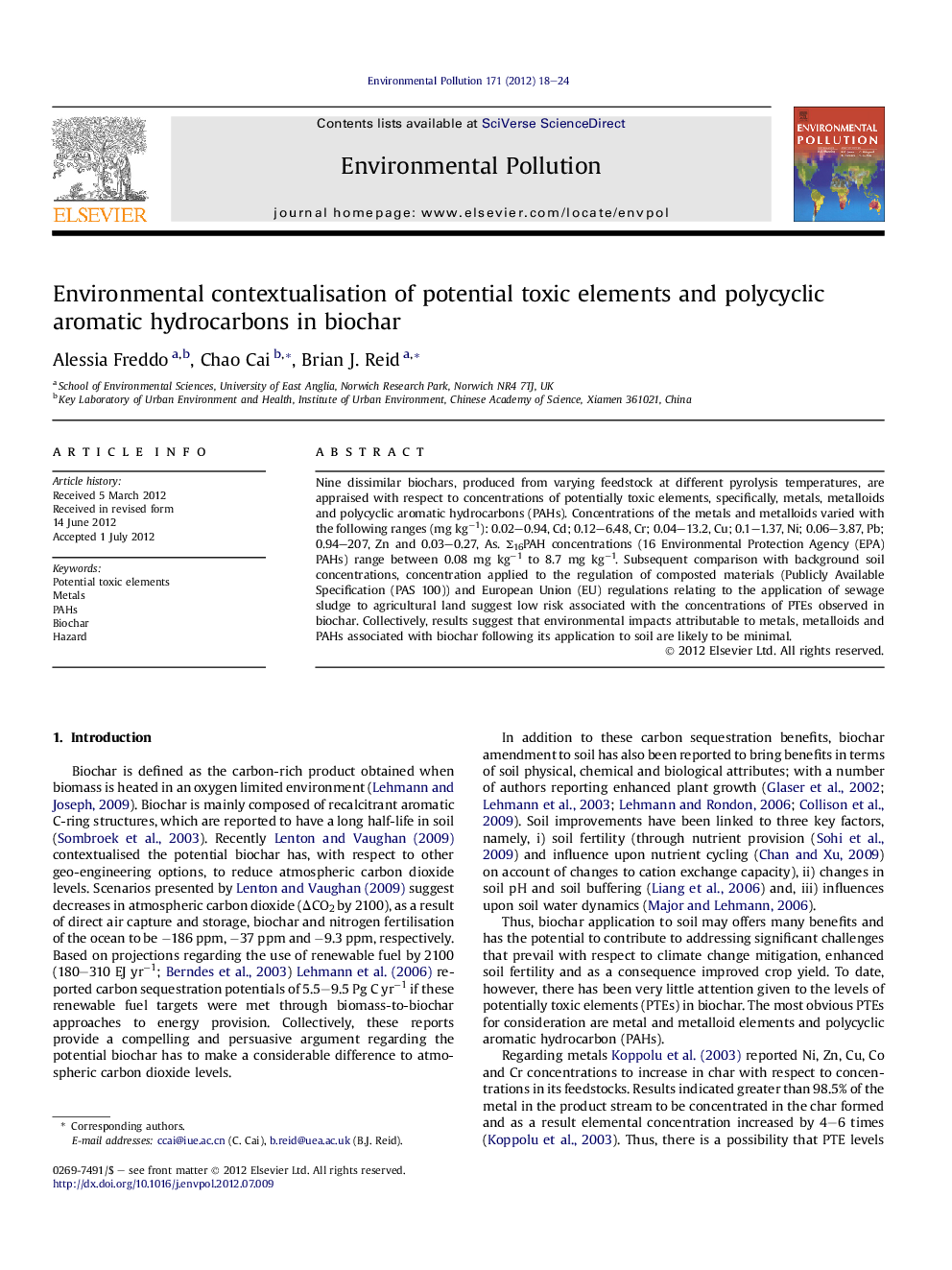 Environmental contextualisation of potential toxic elements and polycyclic aromatic hydrocarbons in biochar