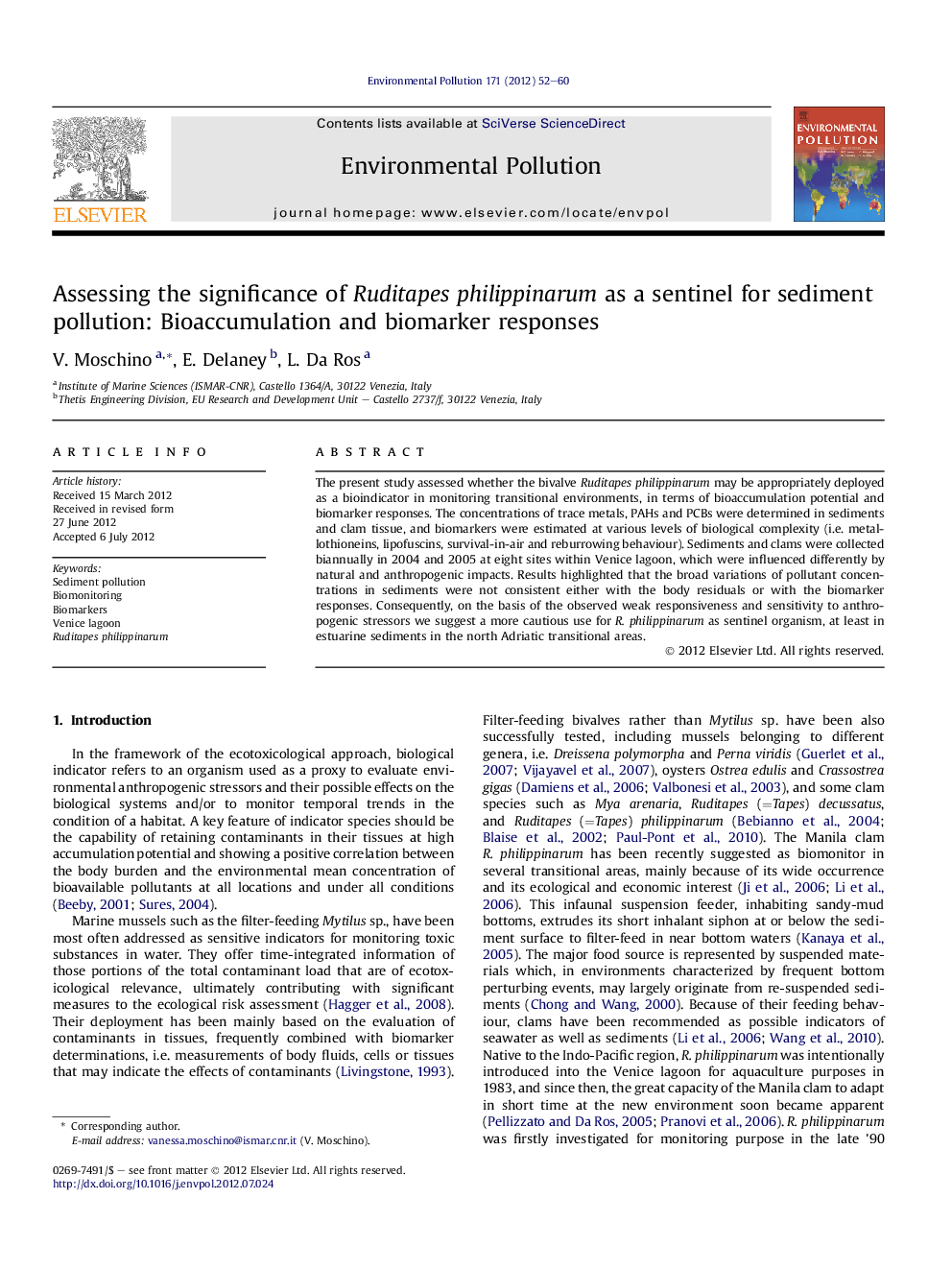 Assessing the significance of Ruditapes philippinarum as a sentinel for sediment pollution: Bioaccumulation and biomarker responses