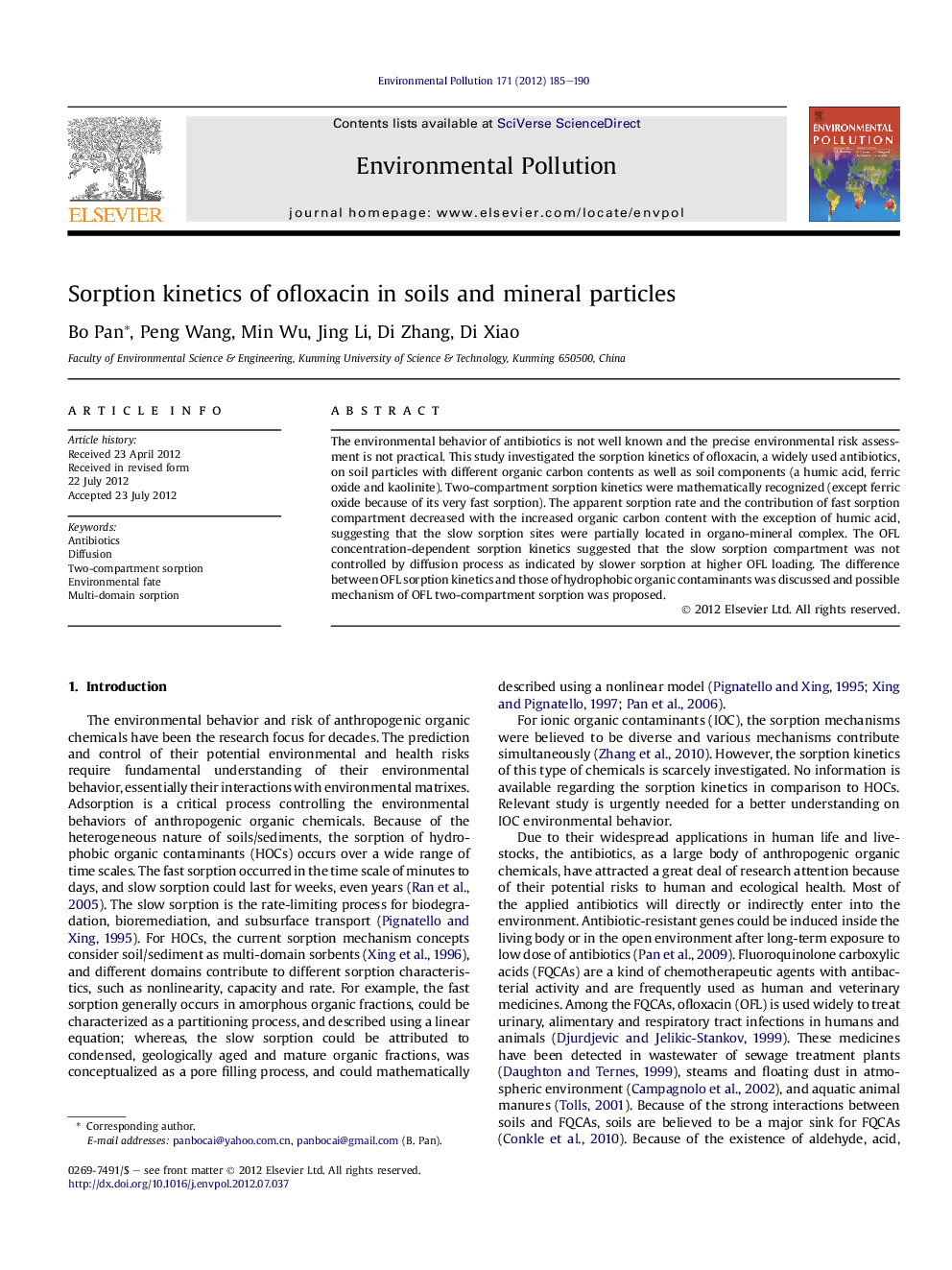 Sorption kinetics of ofloxacin in soils and mineral particles