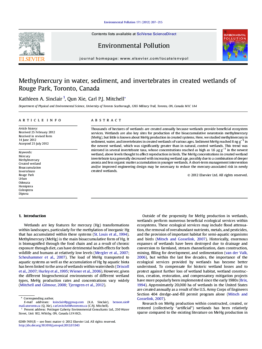 Methylmercury in water, sediment, and invertebrates in created wetlands of Rouge Park, Toronto, Canada