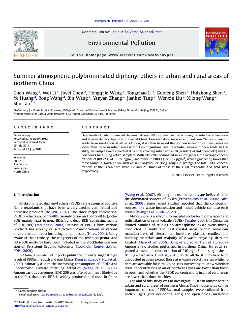 Summer atmospheric polybrominated diphenyl ethers in urban and rural areas of northern China