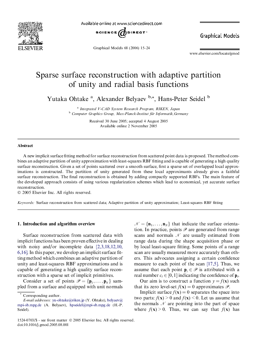 Sparse surface reconstruction with adaptive partition of unity and radial basis functions