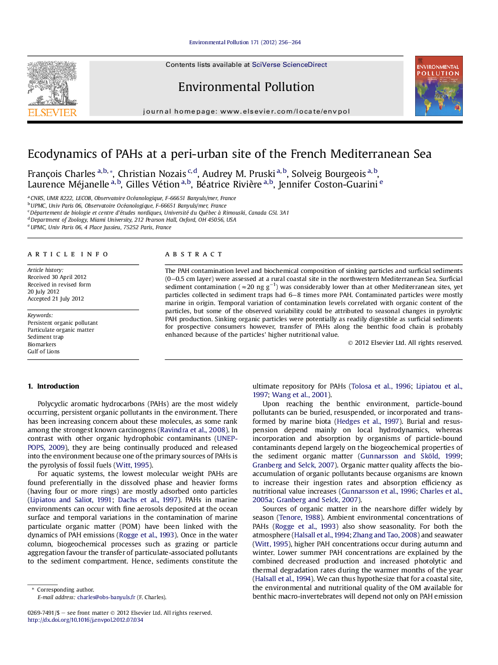 Ecodynamics of PAHs at a peri-urban site of the French Mediterranean Sea