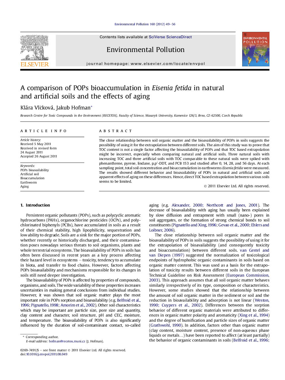 A comparison of POPs bioaccumulation in Eisenia fetida in natural and artificial soils and the effects of aging