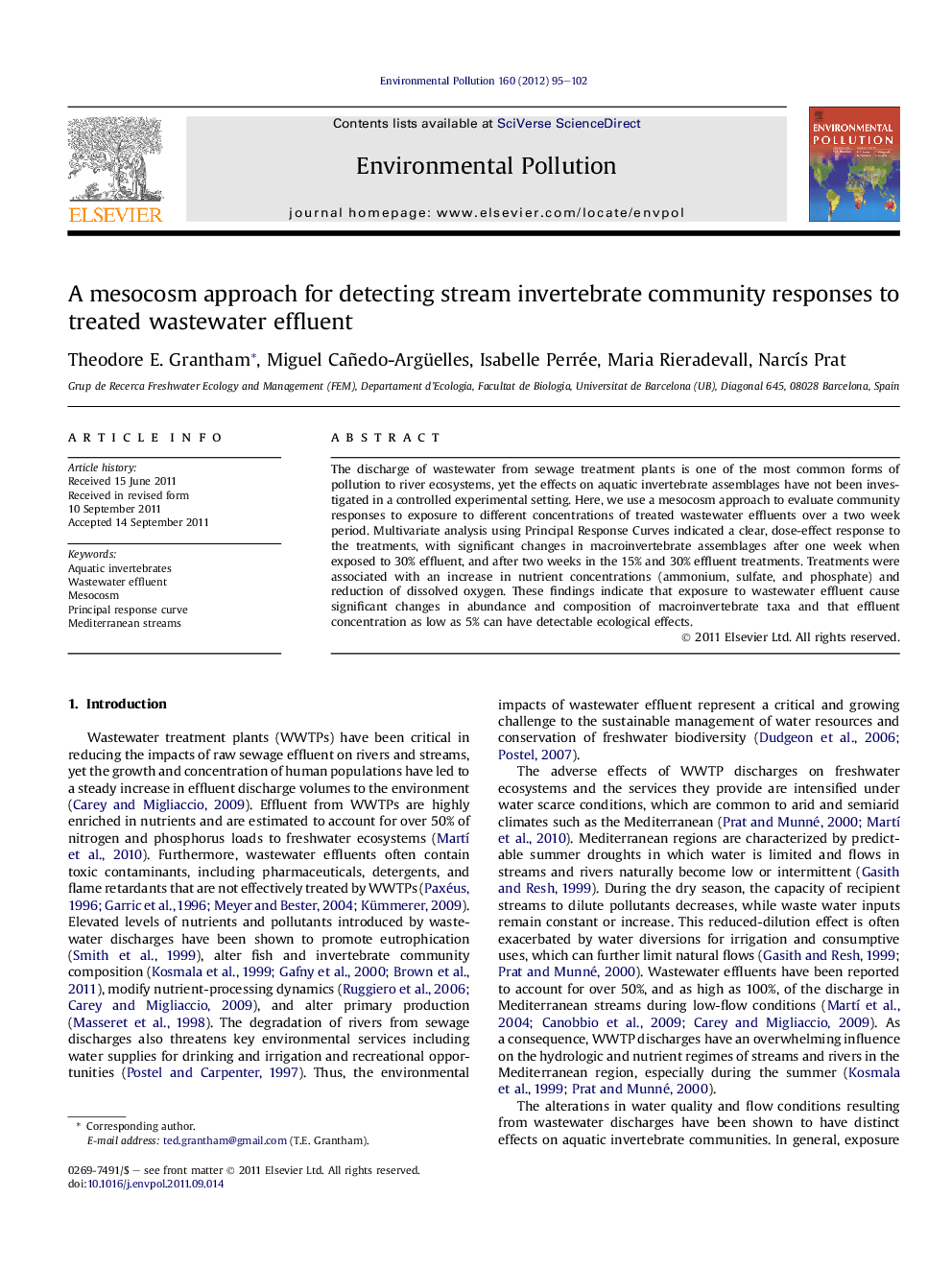 A mesocosm approach for detecting stream invertebrate community responses to treated wastewater effluent