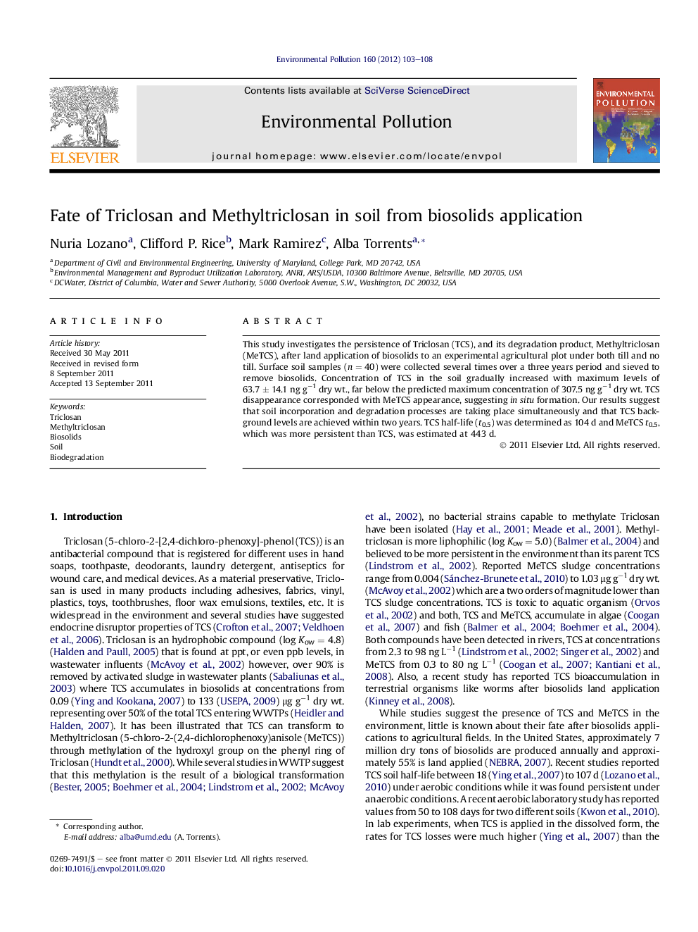 Fate of Triclosan and Methyltriclosan in soil from biosolids application