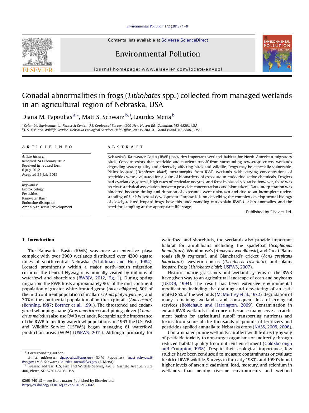 Gonadal abnormalities in frogs (Lithobates spp.) collected from managed wetlands in an agricultural region of Nebraska, USA