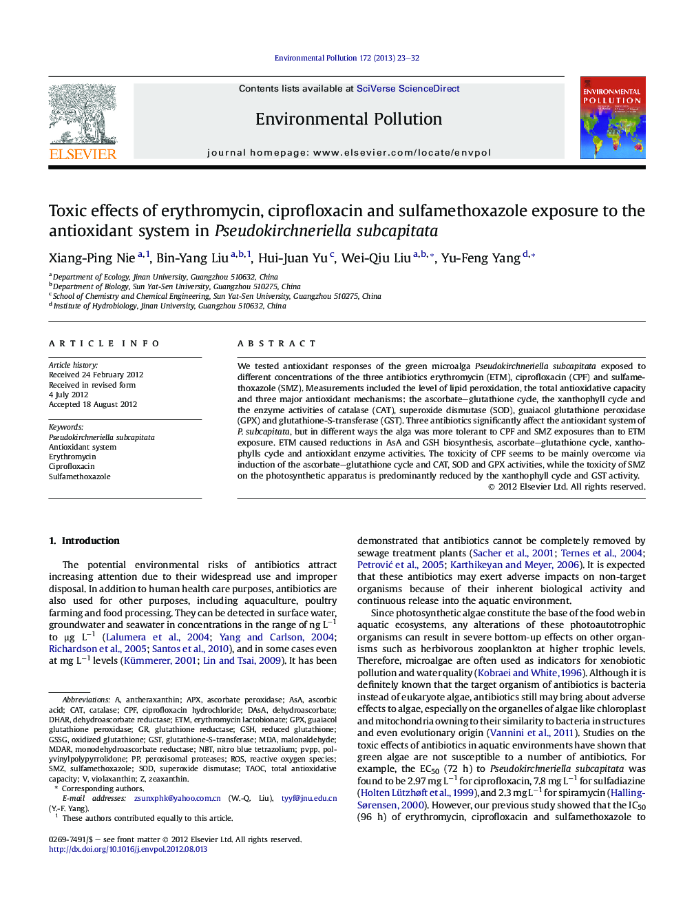 Toxic effects of erythromycin, ciprofloxacin and sulfamethoxazole exposure to the antioxidant system in Pseudokirchneriella subcapitata