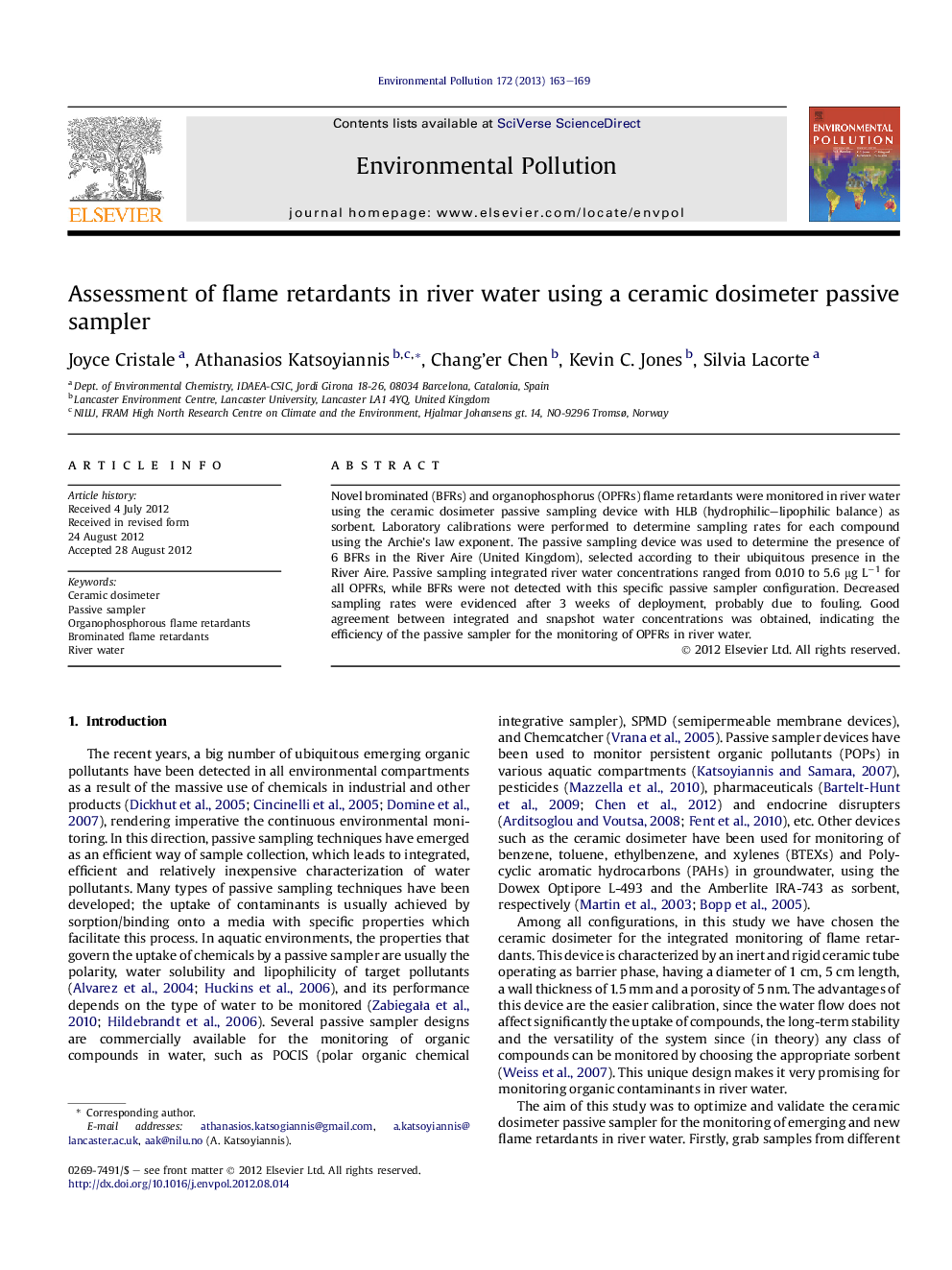 Assessment of flame retardants in river water using a ceramic dosimeter passive sampler