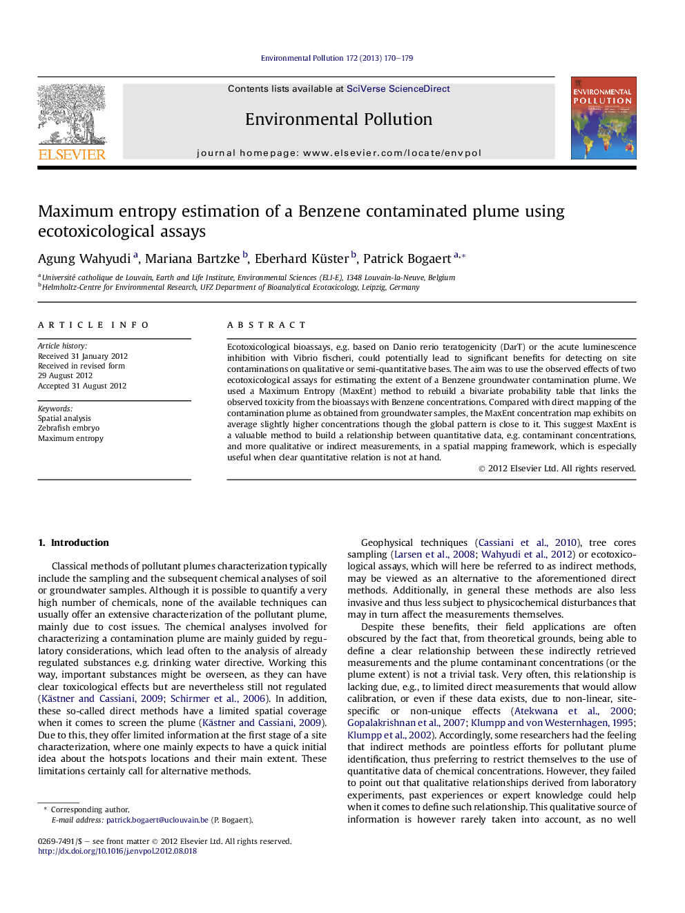 Maximum entropy estimation of a Benzene contaminated plume using ecotoxicological assays