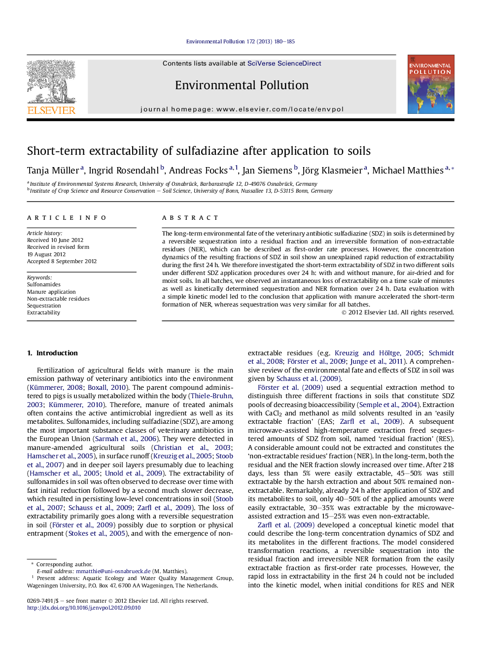 Short-term extractability of sulfadiazine after application to soils