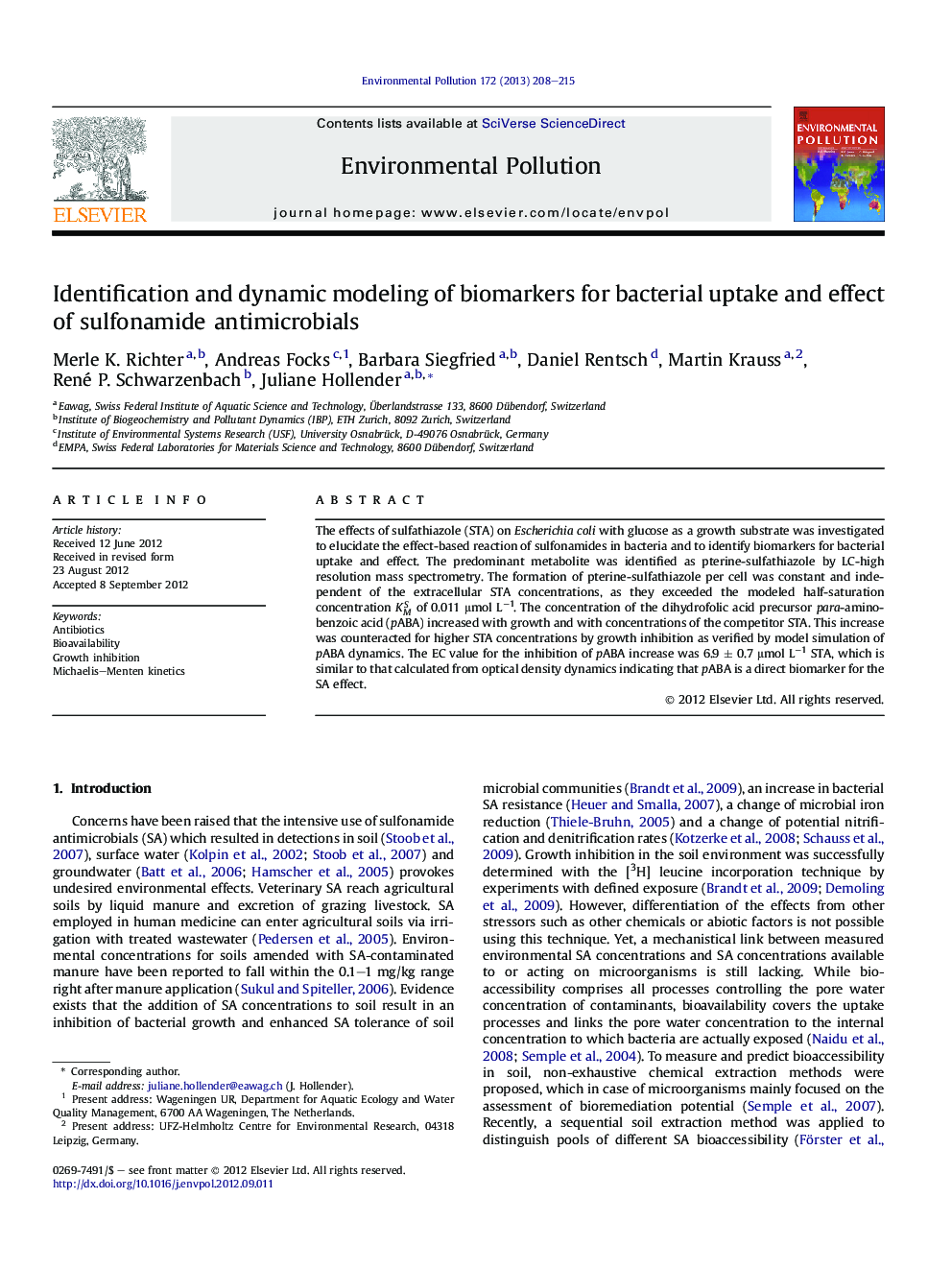 Identification and dynamic modeling of biomarkers for bacterial uptake and effect of sulfonamide antimicrobials