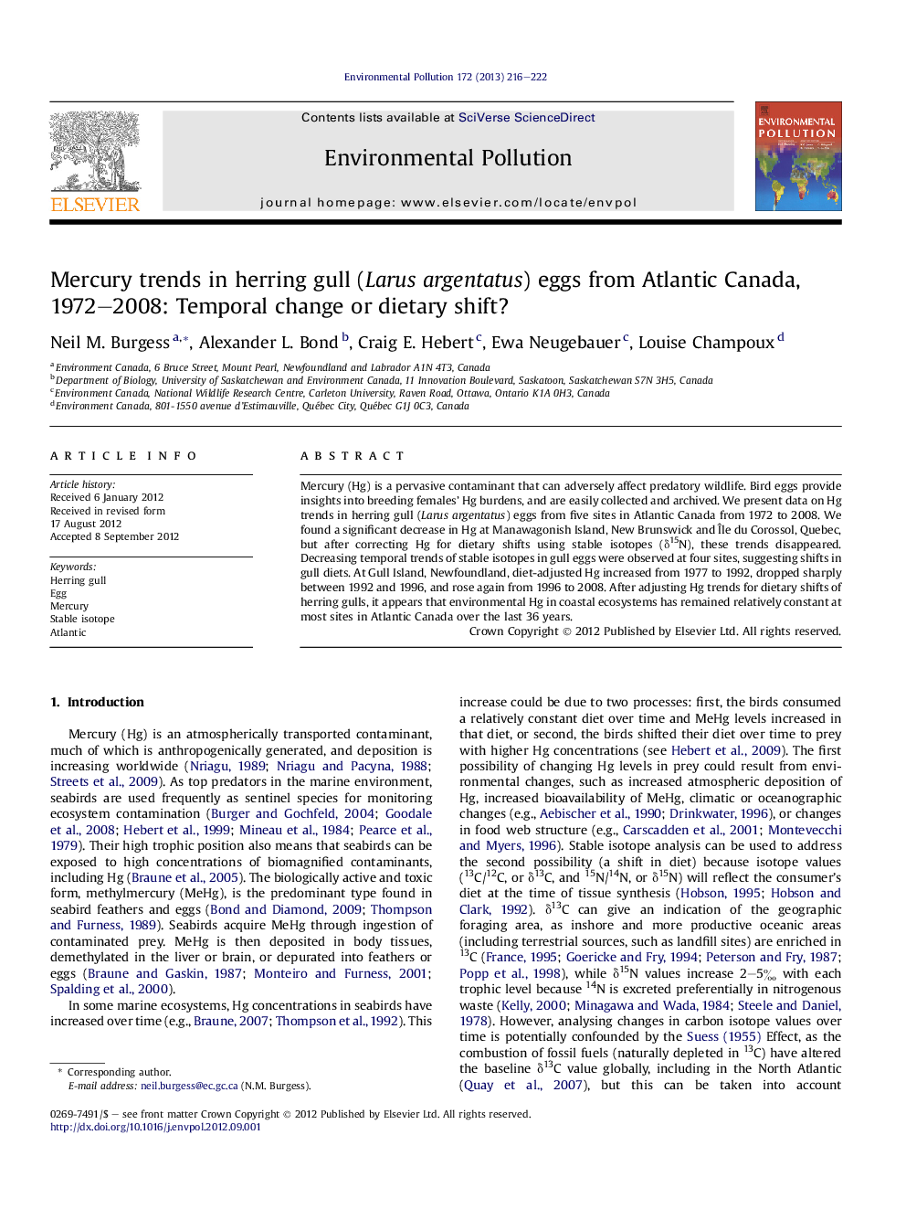 Mercury trends in herring gull (Larus argentatus) eggs from Atlantic Canada, 1972-2008: Temporal change or dietary shift?