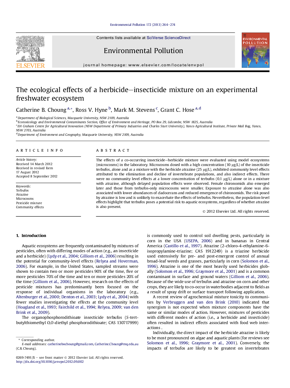 The ecological effects of a herbicide–insecticide mixture on an experimental freshwater ecosystem