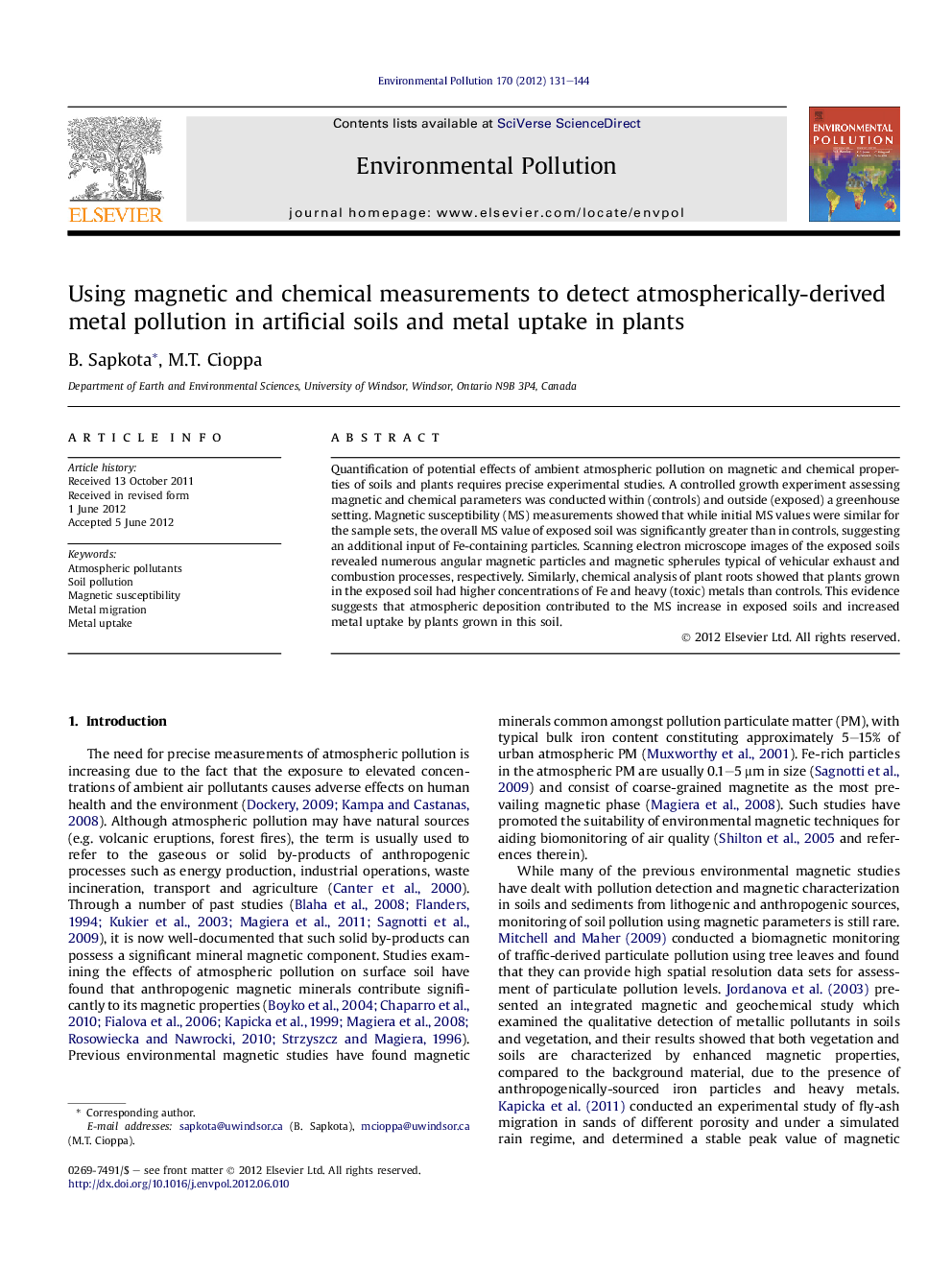 Using magnetic and chemical measurements to detect atmospherically-derived metal pollution in artificial soils and metal uptake in plants