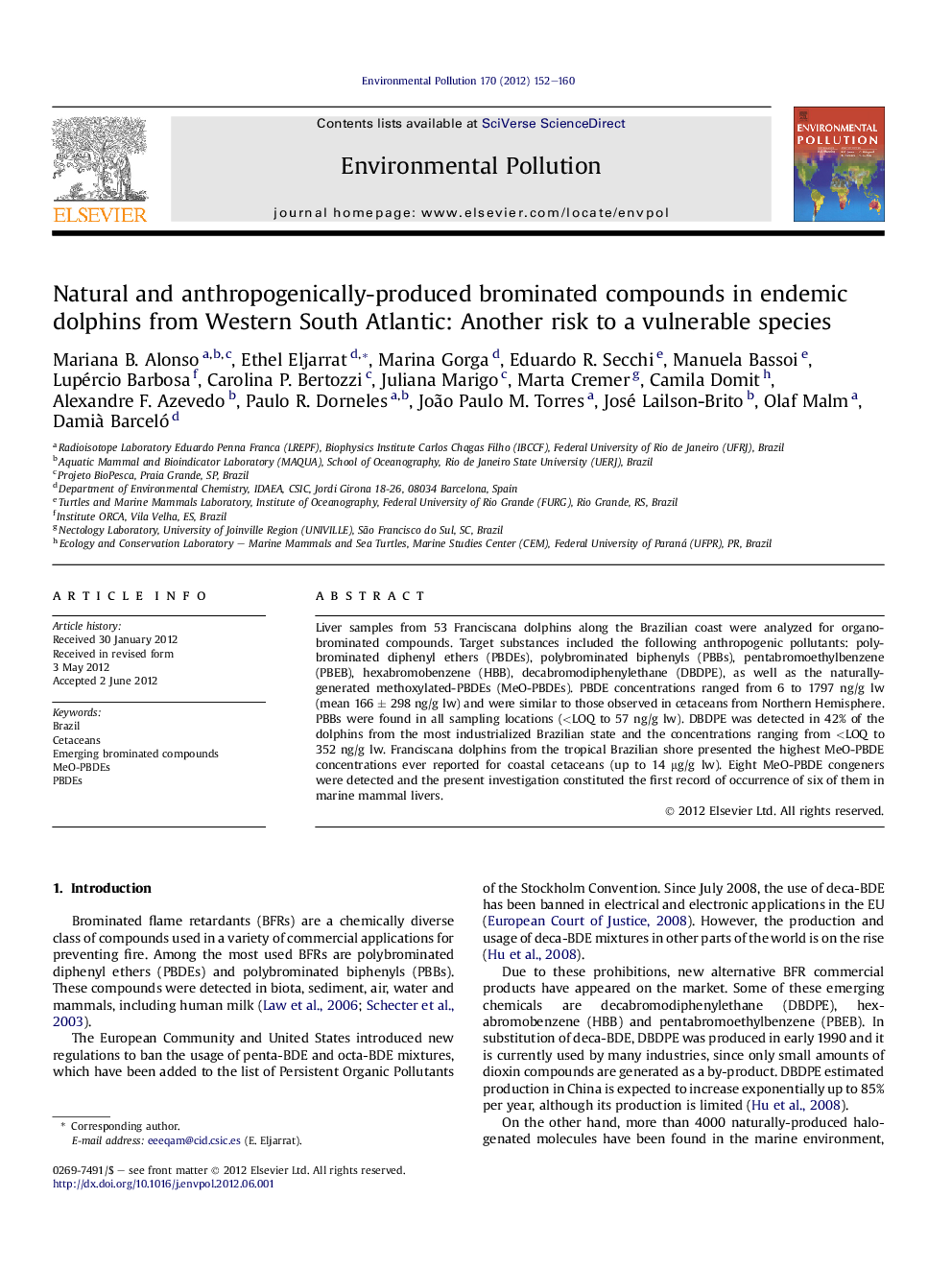 Natural and anthropogenically-produced brominated compounds in endemic dolphins from Western South Atlantic: Another risk to a vulnerable species