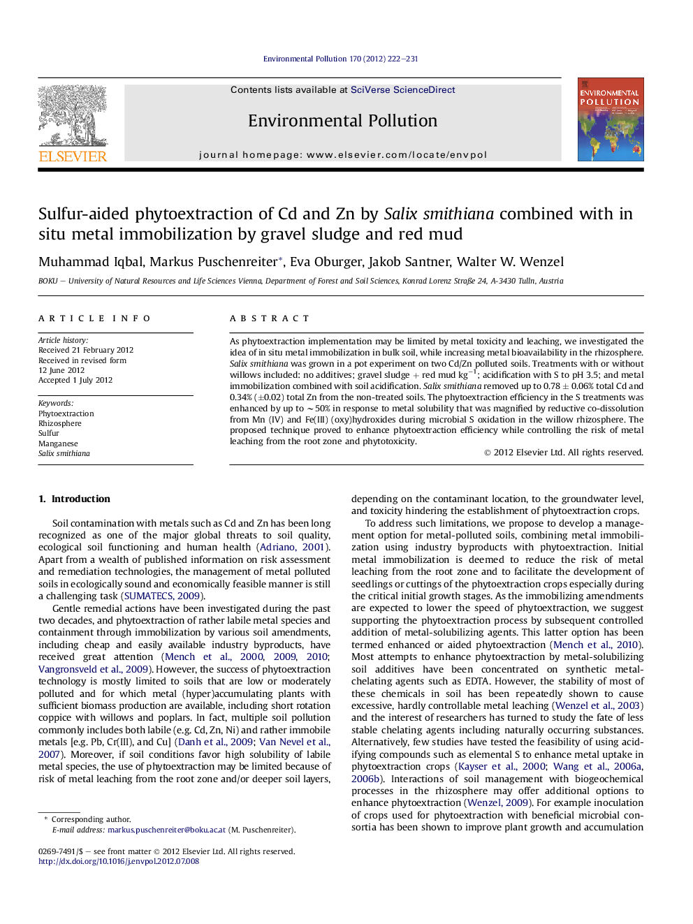 عکس صفحه اول مقاله: Sulfur-aided phytoextraction of Cd and Zn by Salix smithiana combined with in situ metal immobilization by gravel sludge and red mud Sulfur-aided phytoextraction of Cd and Zn by Salix smithiana combined with in situ metal immobilization by gravel sludge and red mud