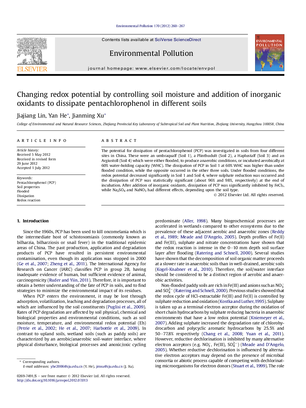 Changing redox potential by controlling soil moisture and addition of inorganic oxidants to dissipate pentachlorophenol in different soils