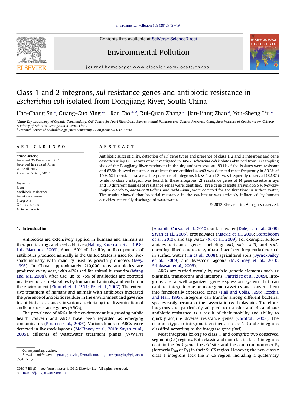 عکس صفحه اول مقاله: Class 1 and 2 integrons, sul resistance genes and antibiotic resistance in Escherichia coli isolated from Dongjiang River, South China Class 1 and 2 integrons, sul resistance genes and antibiotic resistance in Escherichia coli isolated from Dongjiang River, South China