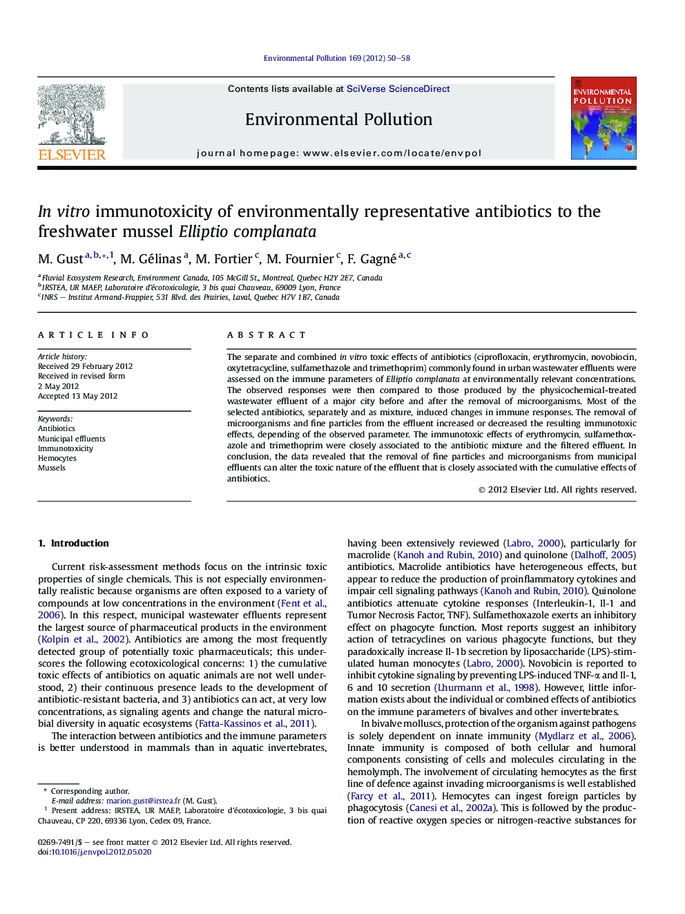 In vitro immunotoxicity of environmentally representative antibiotics to the freshwater mussel Elliptio complanata
