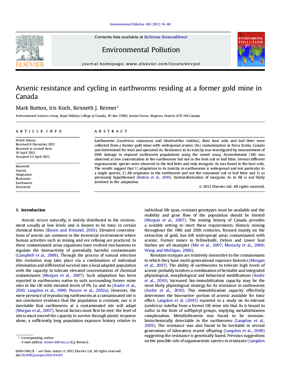 Arsenic resistance and cycling in earthworms residing at a former gold mine in Canada