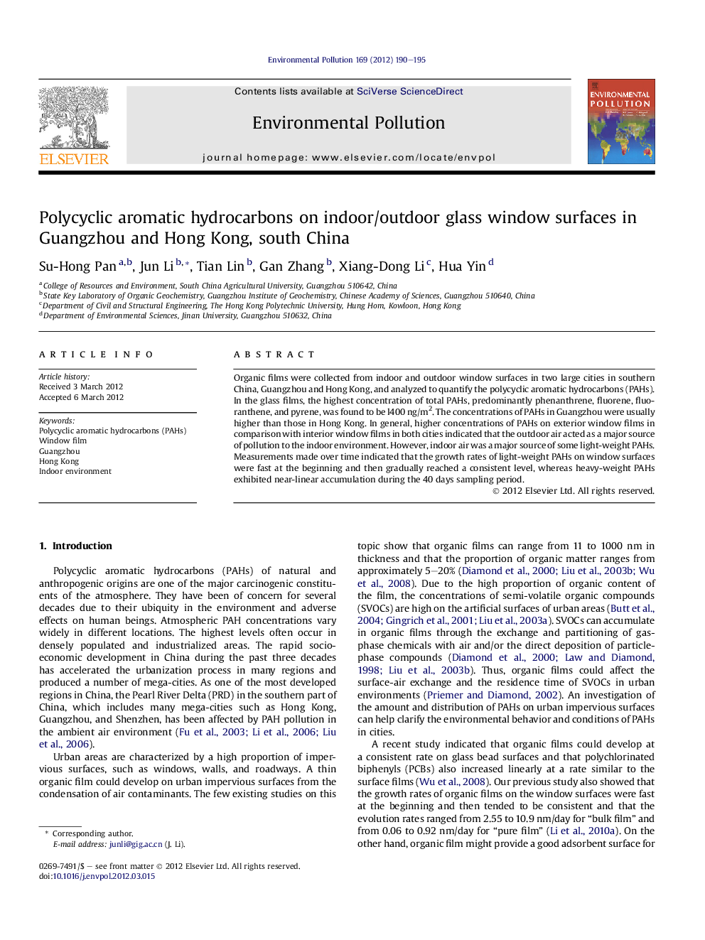 Polycyclic aromatic hydrocarbons on indoor/outdoor glass window surfaces in Guangzhou and Hong Kong, south China