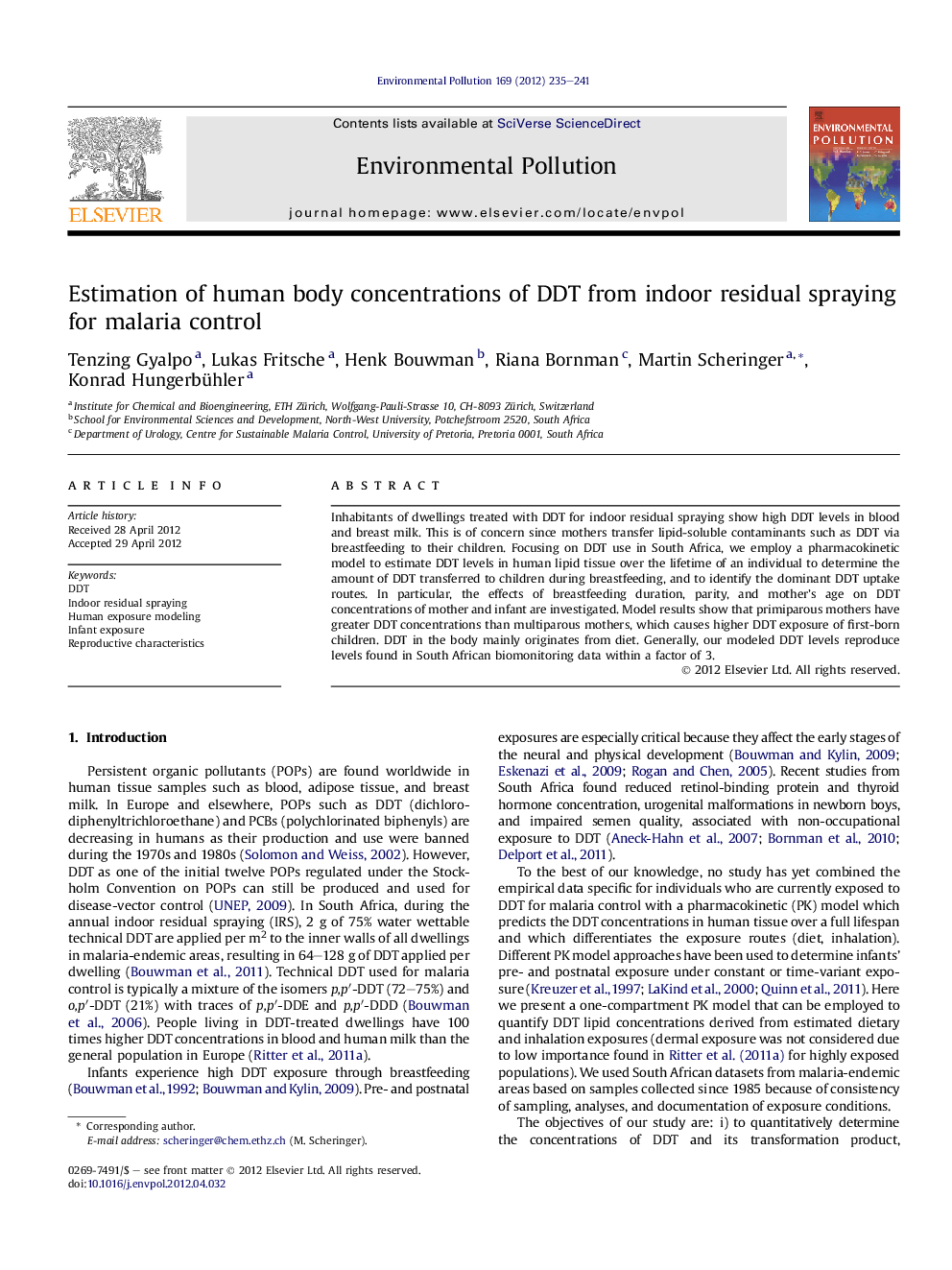 Estimation of human body concentrations of DDT from indoor residual spraying for malaria control