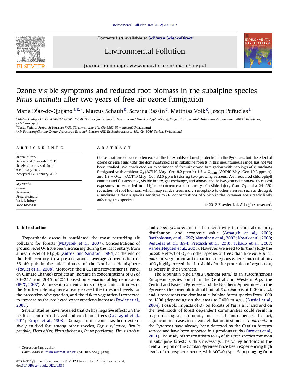 Ozone visible symptoms and reduced root biomass in the subalpine species Pinus uncinata after two years of free-air ozone fumigation