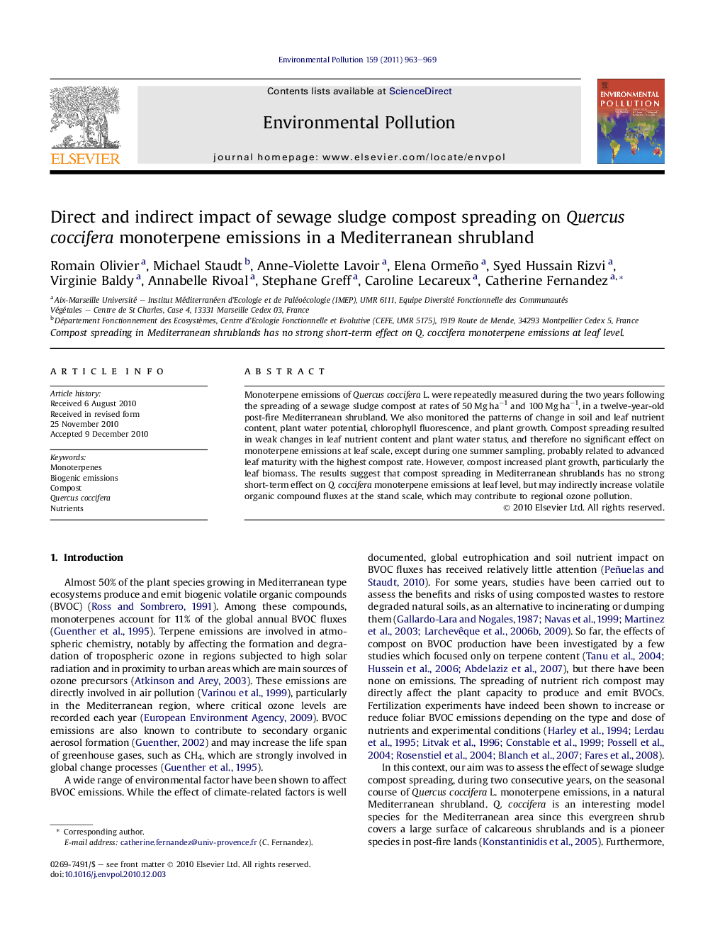 Direct and indirect impact of sewage sludge compost spreading on Quercus coccifera monoterpene emissions in a Mediterranean shrubland