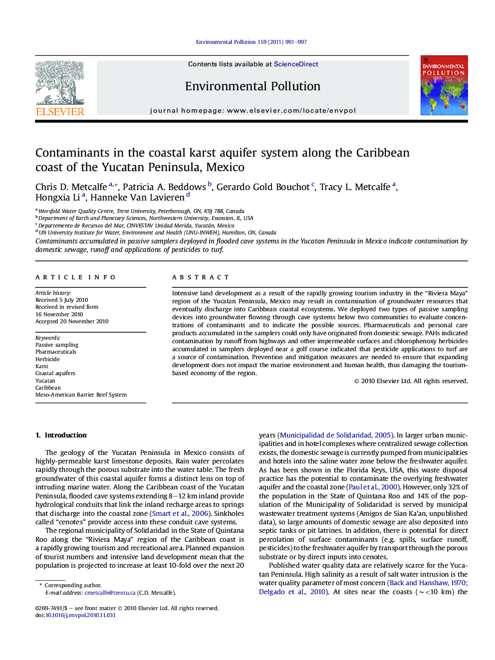 Contaminants in the coastal karst aquifer system along the Caribbean coast of the Yucatan Peninsula, Mexico