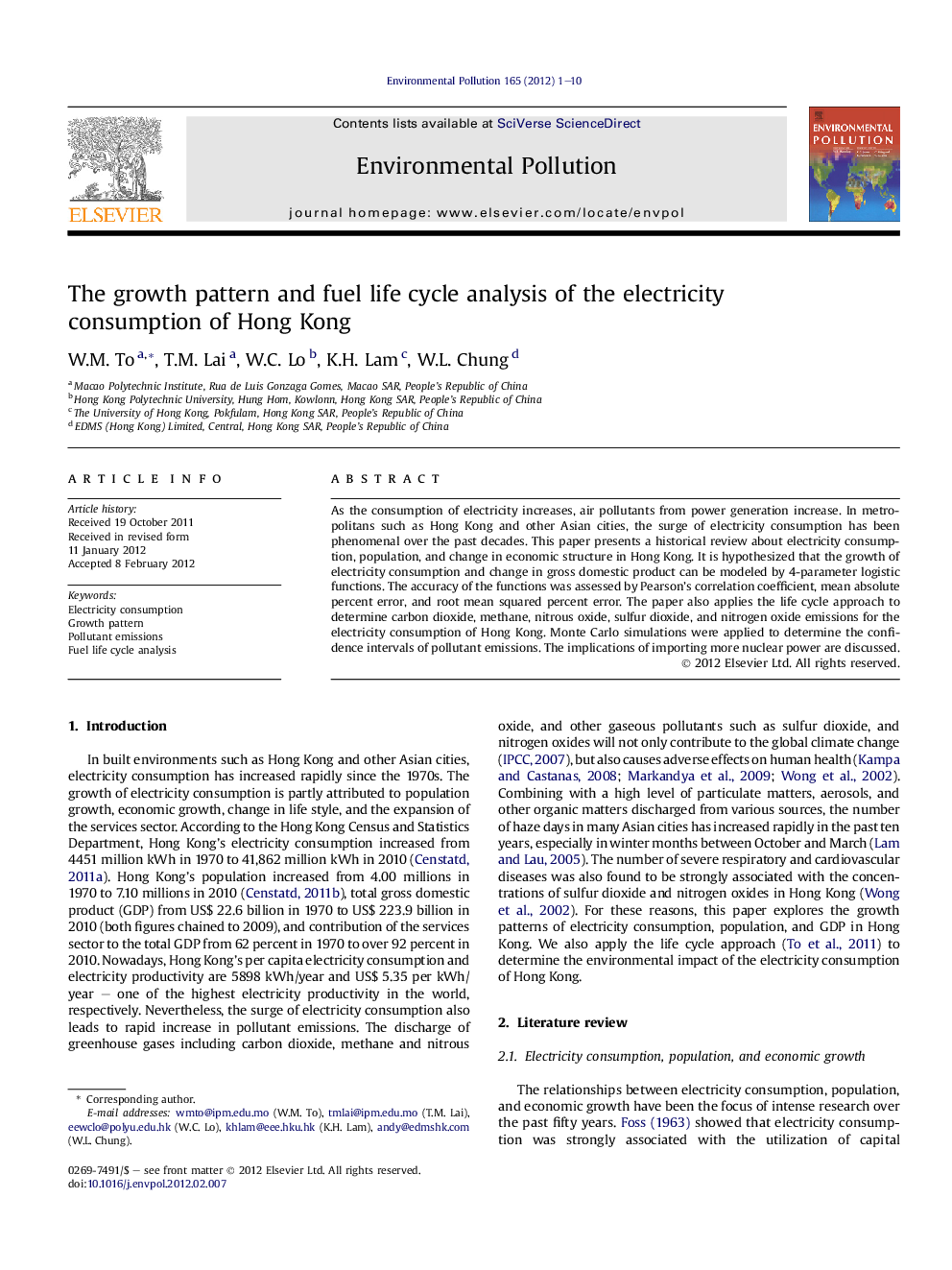 The growth pattern and fuel life cycle analysis of the electricity consumption of Hong Kong