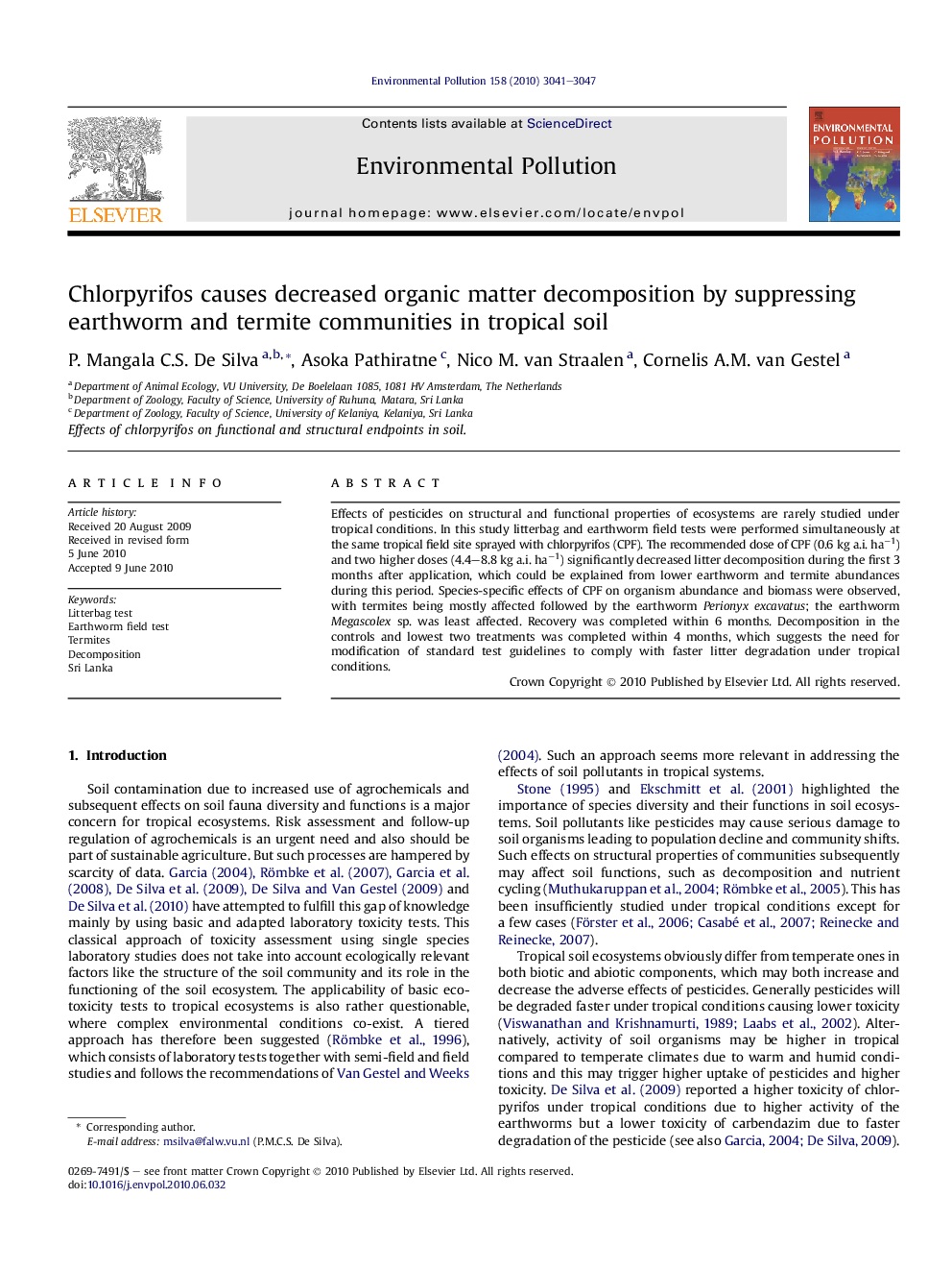 Chlorpyrifos causes decreased organic matter decomposition by suppressing earthworm and termite communities in tropical soil