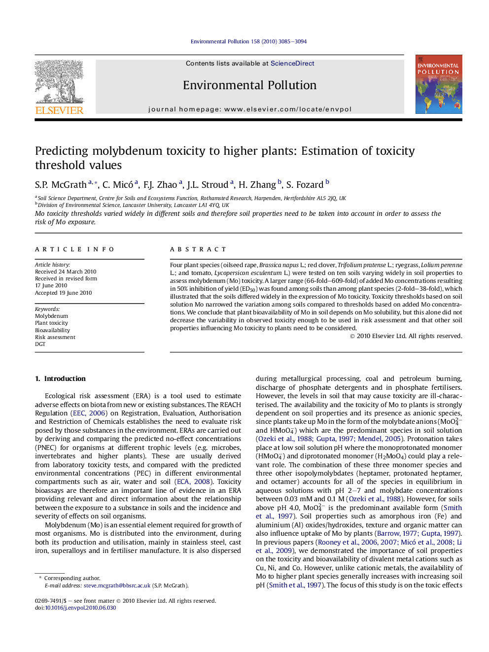 عکس صفحه اول مقاله: Predicting molybdenum toxicity to higher plants: Estimation of toxicity threshold values Predicting molybdenum toxicity to higher plants: Estimation of toxicity threshold values