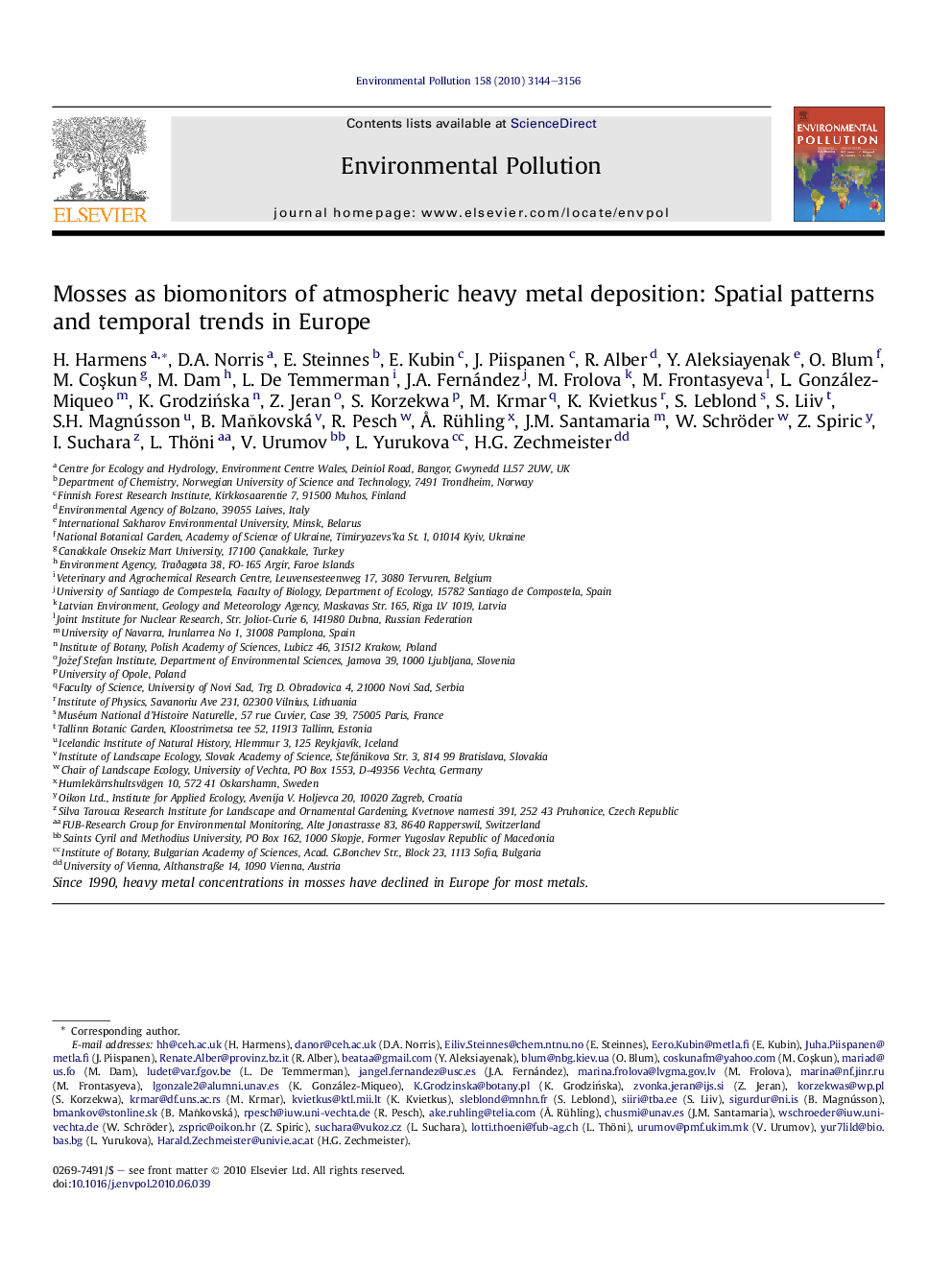 Mosses as biomonitors of atmospheric heavy metal deposition: Spatial patterns and temporal trends in Europe