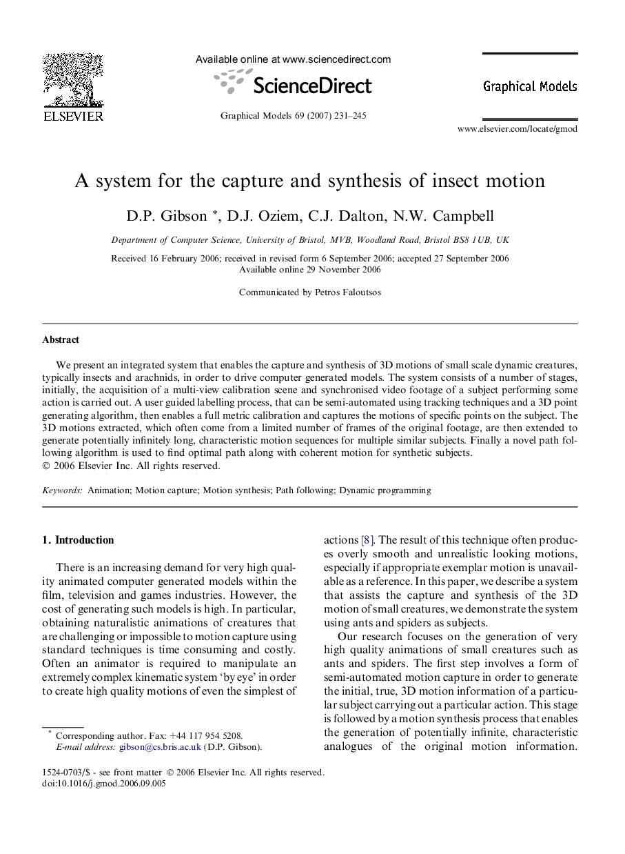 A system for the capture and synthesis of insect motion