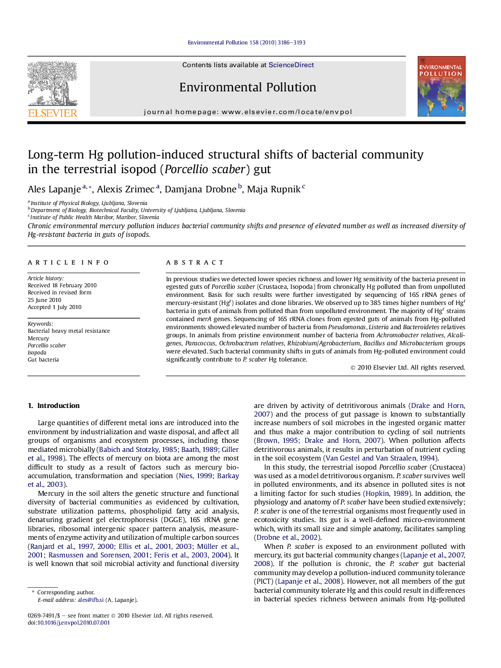 Long-term Hg pollution-induced structural shifts of bacterial community in the terrestrial isopod (Porcellio scaber) gut