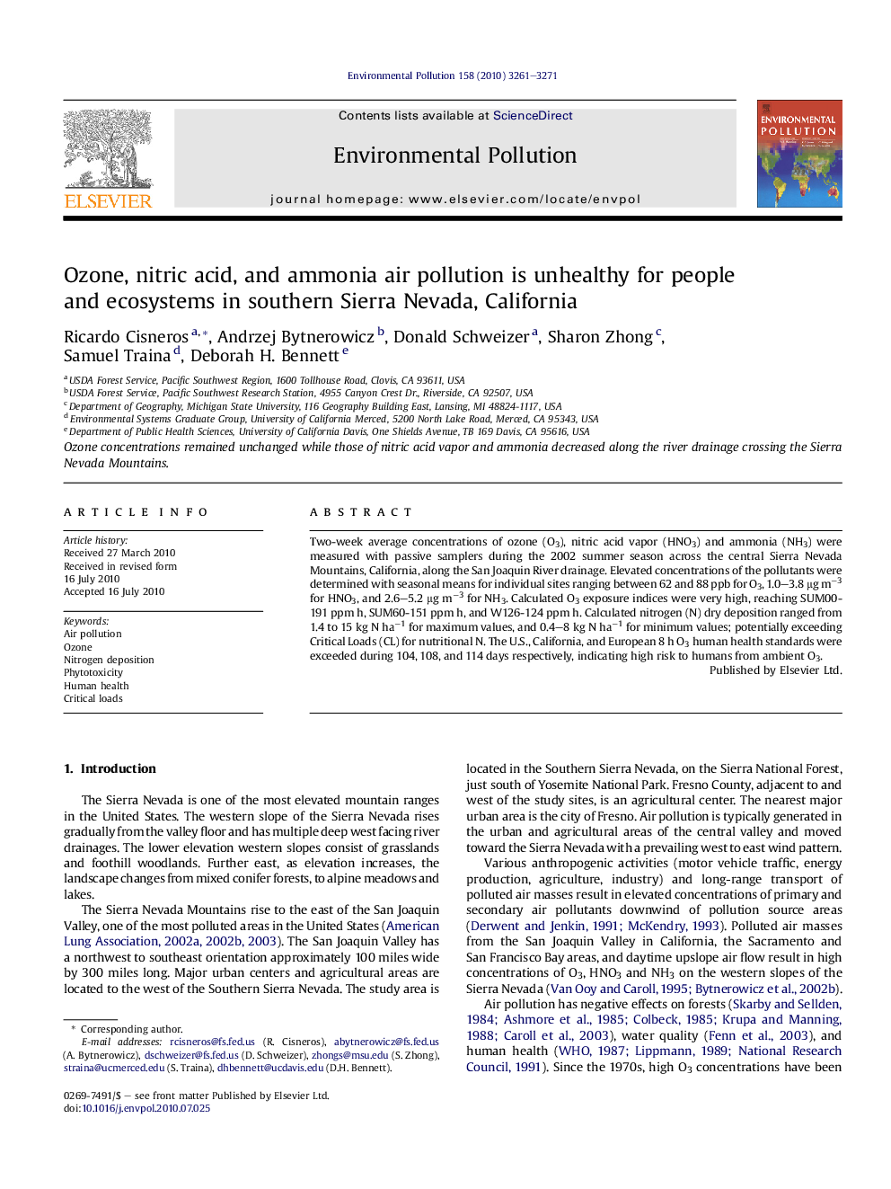 Ozone, nitric acid, and ammonia air pollution is unhealthy for people and ecosystems in southern Sierra Nevada, California