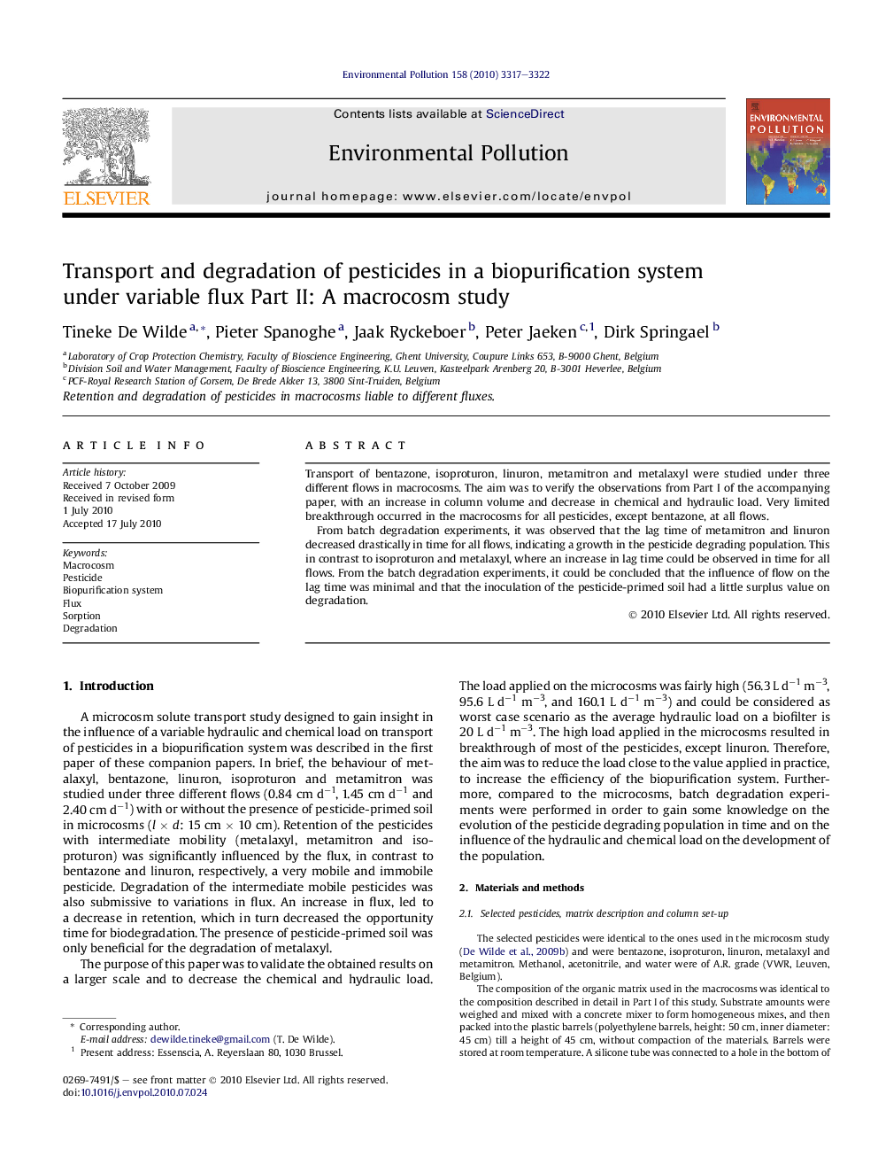 Transport and degradation of pesticides in a biopurification system under variable flux Part II: A macrocosm study