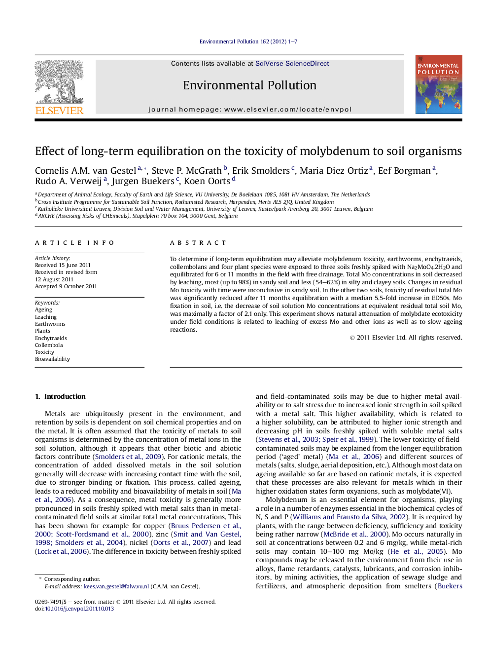 Effect of long-term equilibration on the toxicity of molybdenum to soil organisms