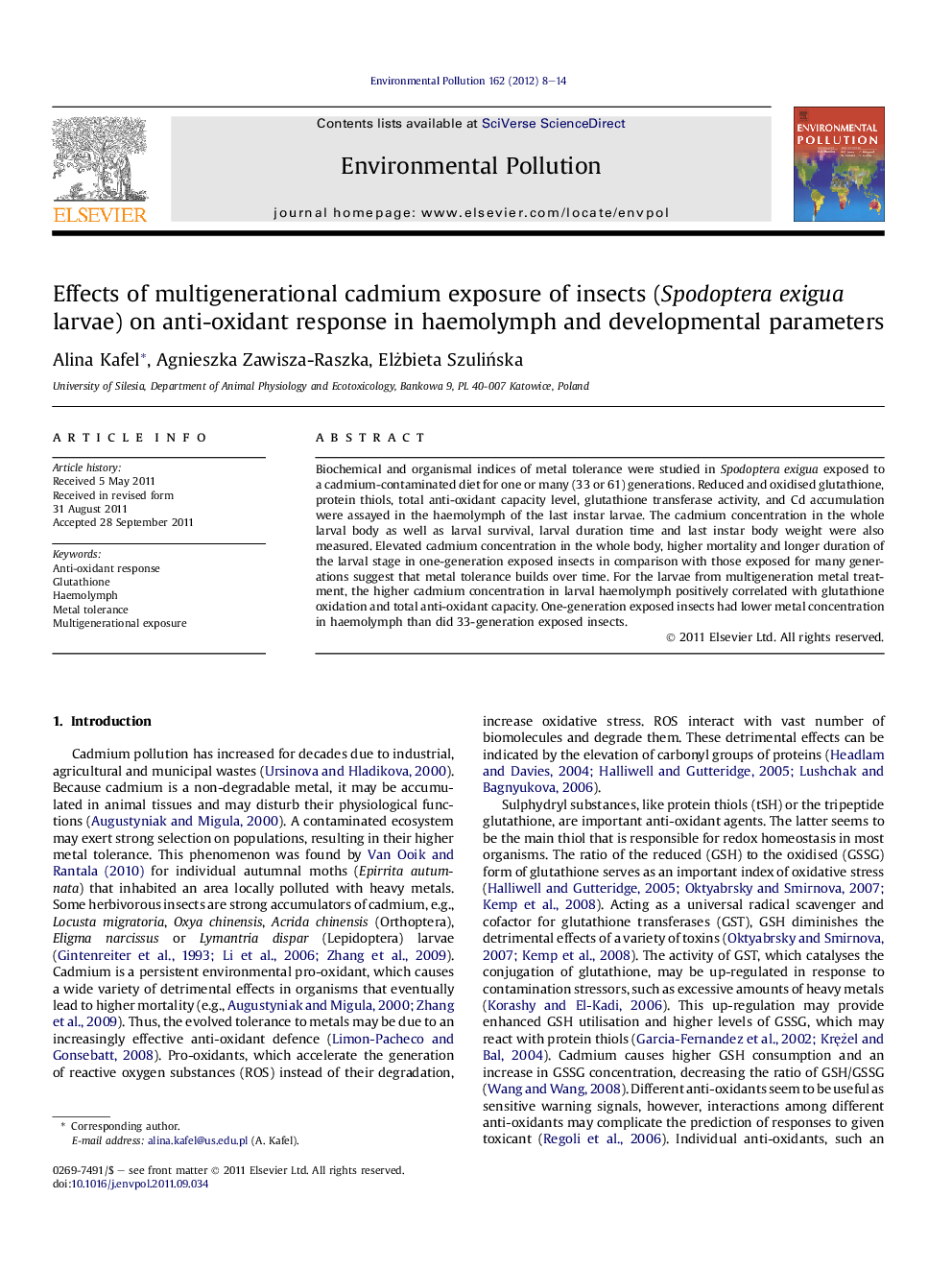 عکس صفحه اول مقاله: Effects of multigenerational cadmium exposure of insects (Spodoptera exigua larvae) on anti-oxidant response in haemolymph and developmental parameters Effects of multigenerational cadmium exposure of insects (Spodoptera exigua larvae) on anti-oxidant response in haemolymph and developmental parameters